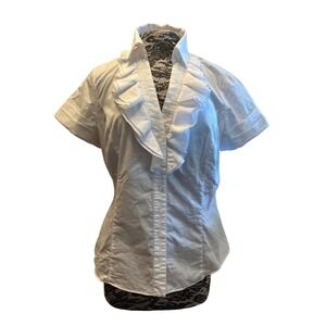 Women's Ruffle Blouse L Signature Larry Levine Corporate Preppy Cotton Stretch